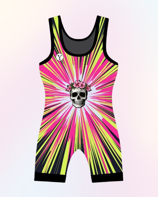 Female wrestling singlet in black, pink, and yellow featuring skull design for practice and competition