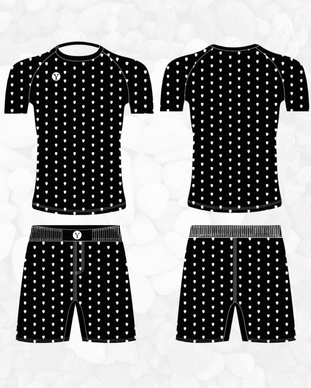 No-Gi BJJ rash guard fight shorts grappling set black hearts