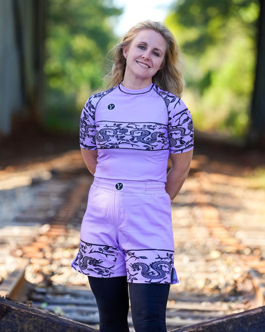 Premium performance BJJ rash guard and shorts set purple