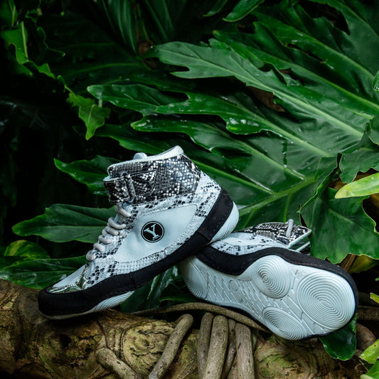 Blue snake print wrestling shoe