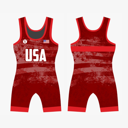 Yes! Athletics 2026 Freestyle and Greco Singlet Red wrestling singlet with USA and American flag background