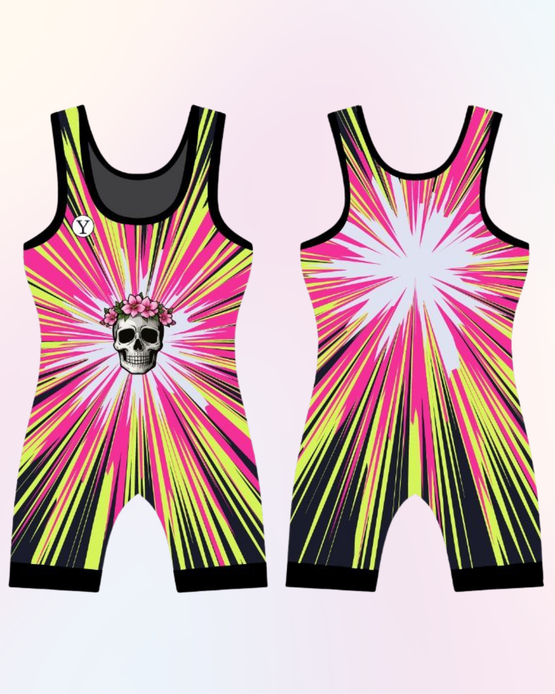 Women’s wrestling singlet, black/pink/yellow skull graphic, durable and flexible for training and tournaments