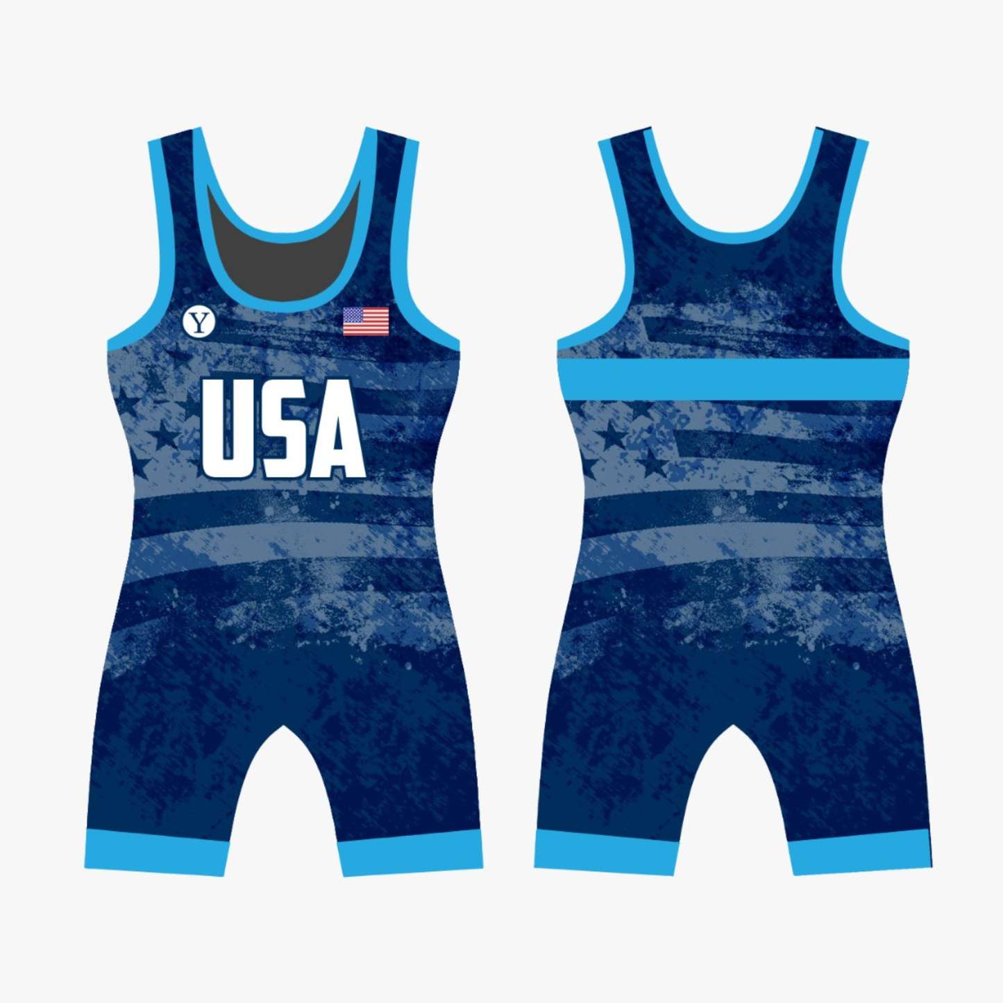 Yes! Athletics 2026 Freestyle and Greco Singlet Blue wrestling singlet with USA and American flag background