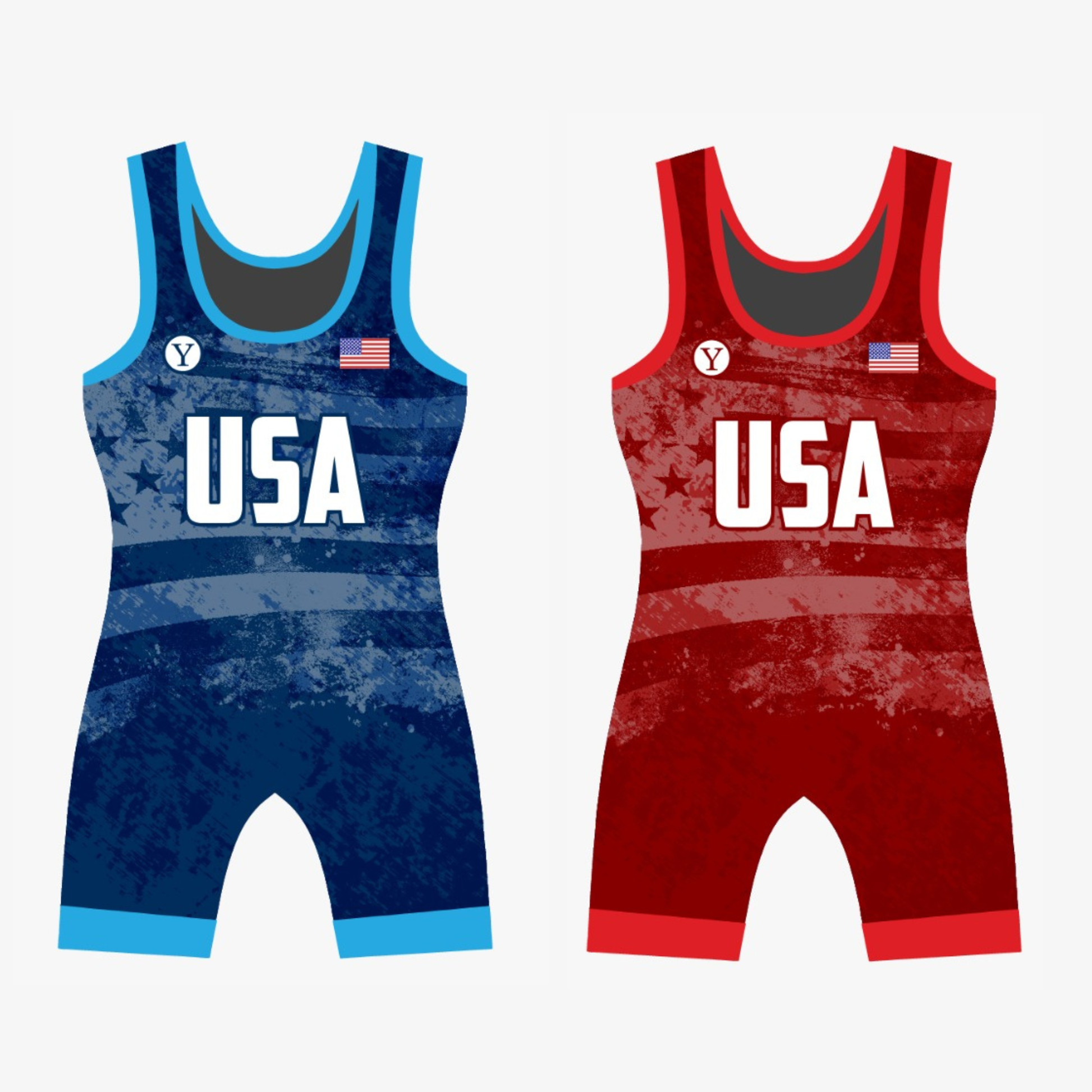 Yes! Athletics 2026 Freestyle and Greco Singlet Blue and Red wrestling singlets for women and girls with USA and American flag background