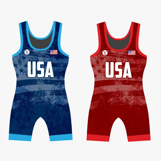 Yes! Athletics 2026 Freestyle and Greco Singlet Blue and Red wrestling singlets for women and girls with USA and American flag background