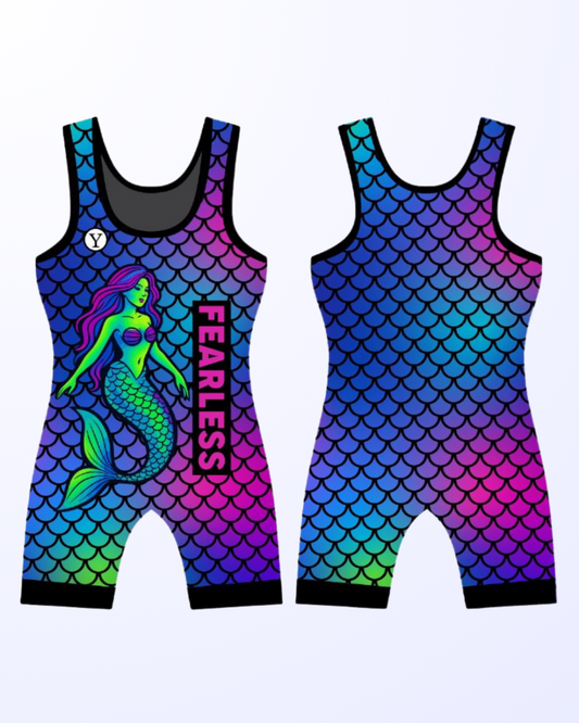 Girls’ wrestling singlet, blue/pink mermaid pattern, ideal for tournaments and practice