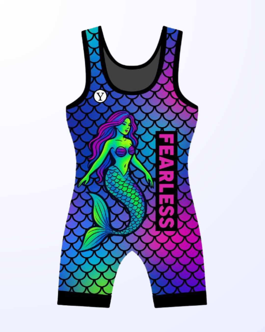 Women’s wrestling singlet, blue and pink mermaid design for competition and training
