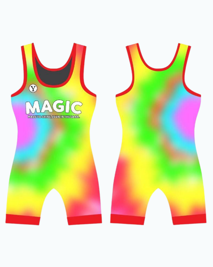 Female wrestling singlet with vibrant tie-dye design for practice and matches