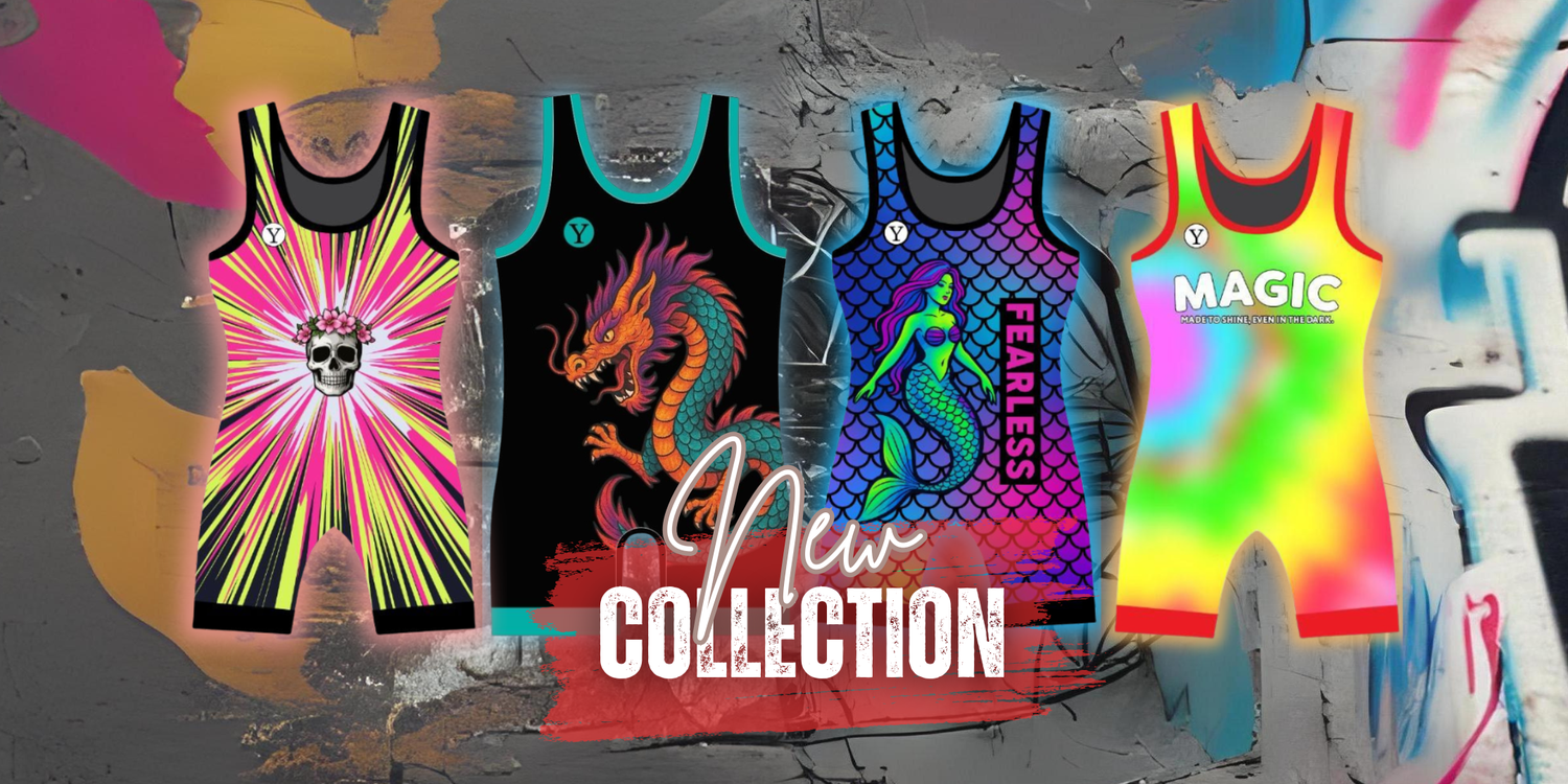 Female wrestling singlets collection, magic, dragon, mermaid, skull design, performance gear for wrestling