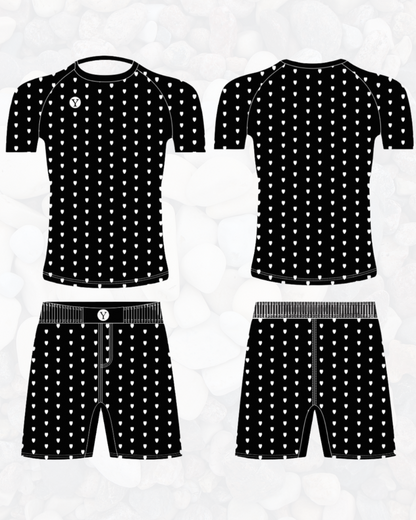 No-Gi BJJ rash guard fight shorts grappling set black hearts