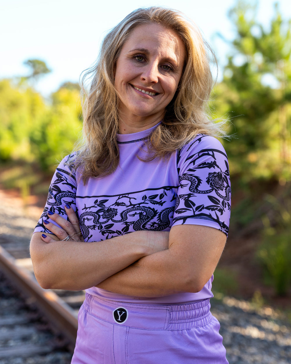 Compression BJJ rash guard with fight shorts for grappling