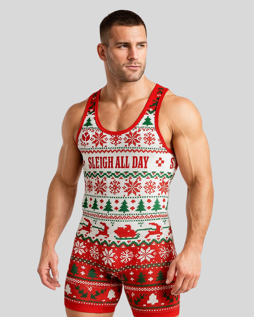 Holiday wrestling singlet for men – Sleigh All Day design