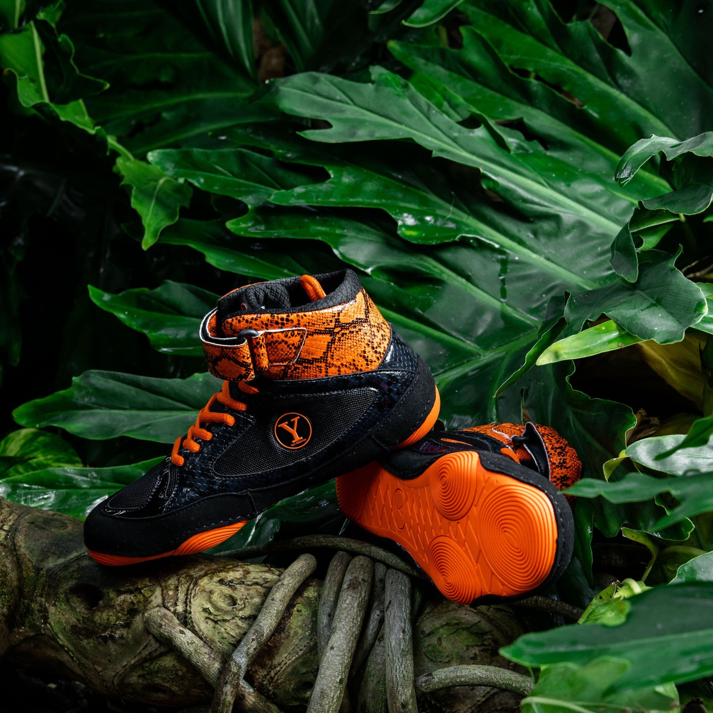 Orange snake print wrestling shoe